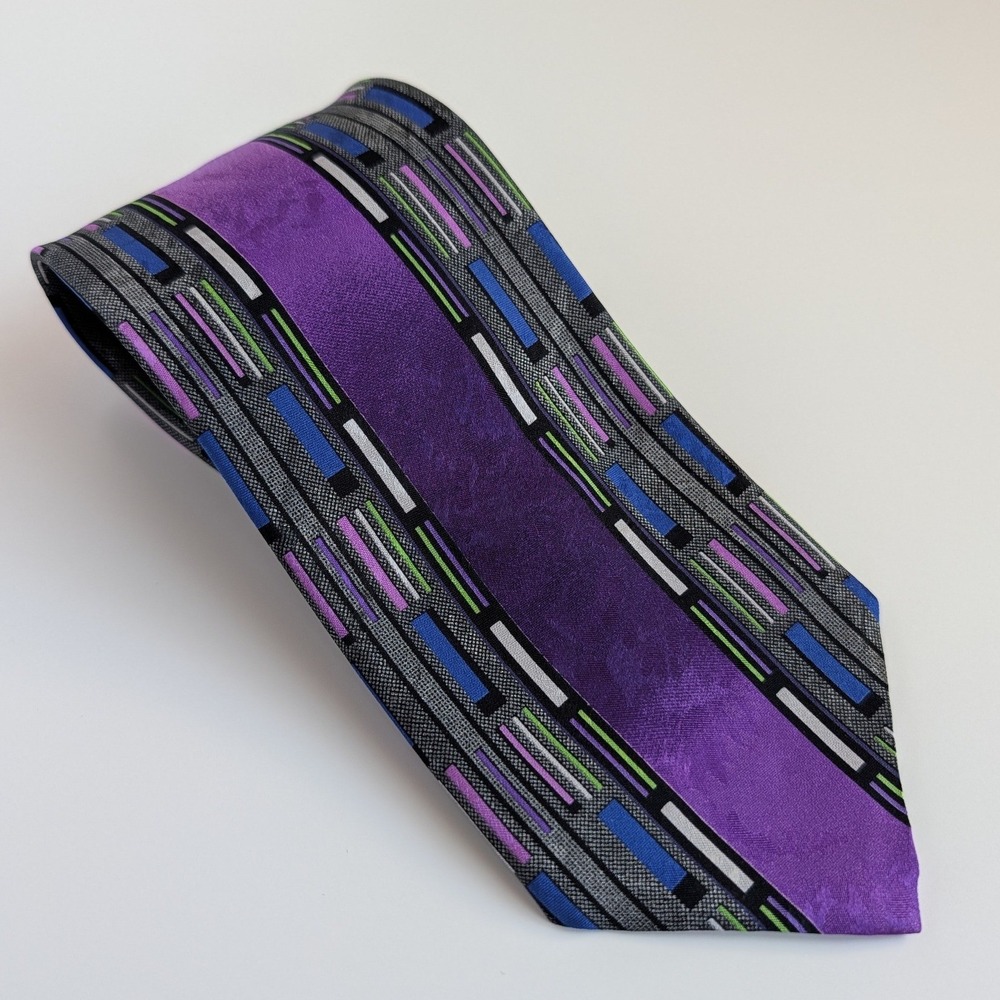 Tutt Matt Mens 100% Silk Tie Purple Grey Geometric Abstract Made in Italy VTG